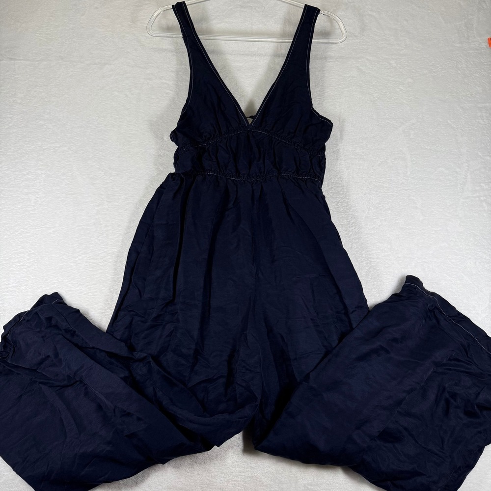 SANCIA Navy Blue Wide‎ Leg Smocked Waist Jumpsuit Large Contrast Stitch